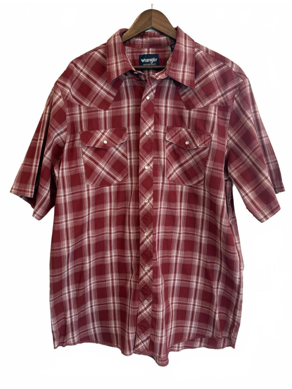 Wrangler Western Shirt Mens XLT Red Plaid Snap Button Short Sleeve Pearl Snap